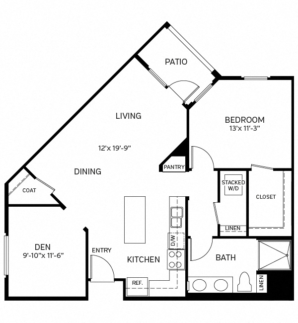 Floor plan for 1 bed, 1 bath, 890 sqft